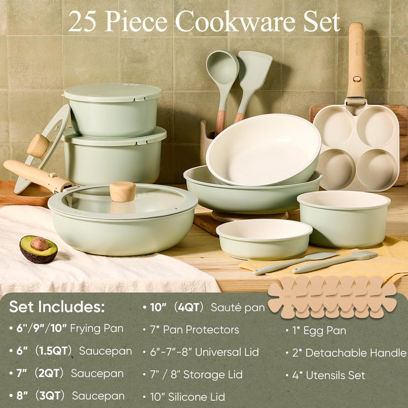 CAROTE 25pcs Pots and Pans Set Non Stick, Cookware Sets, Kitchen Set, Oven/Dishwasher/Fridge Safe, Space Saving Pots Set, Nonstick Set with Versatile Detachable Handle, Induction RV Set, Green - Image 2