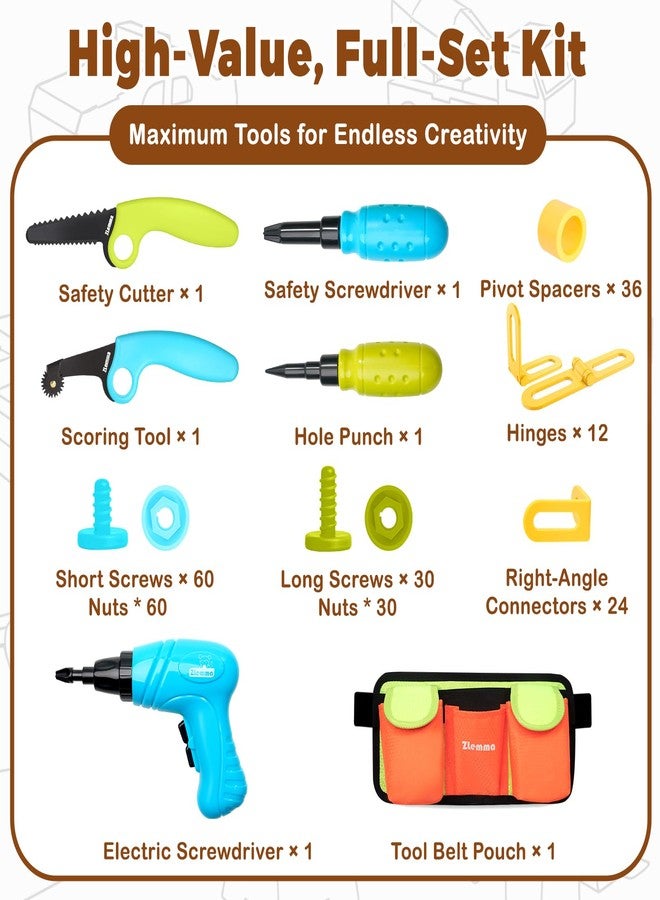 ZLemma Kids Cardboard Tool Kit- 258 Piece Cardboard Construction Toolbox - with Drill, Safety Saw, Scorer, Hinges & Bolt, Portable Waist Bag, Gift Box for Creative DIY Projects - Image 3
