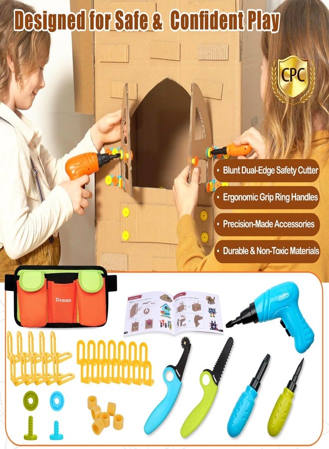 ZLemma Kids Cardboard Tool Kit- 258 Piece Cardboard Construction Toolbox - with Drill, Safety Saw, Scorer, Hinges & Bolt, Portable Waist Bag, Gift Box for Creative DIY Projects - Image 4