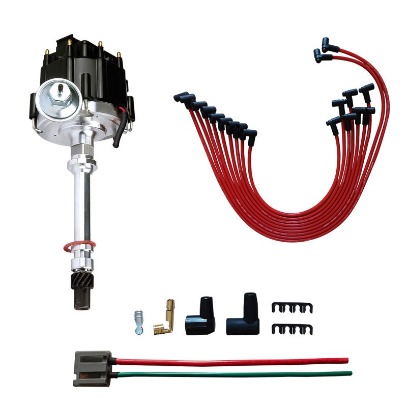مجموعة كابلات شمعات الإشعال مع موصل سلكي مجاني من MAS Performance HEI Distributor متوافقة مع Chevy GMC SBC 305 350 BBC 454 65K Coil 7500RPM DDSBCHEIV8 بديل لـ 850001R