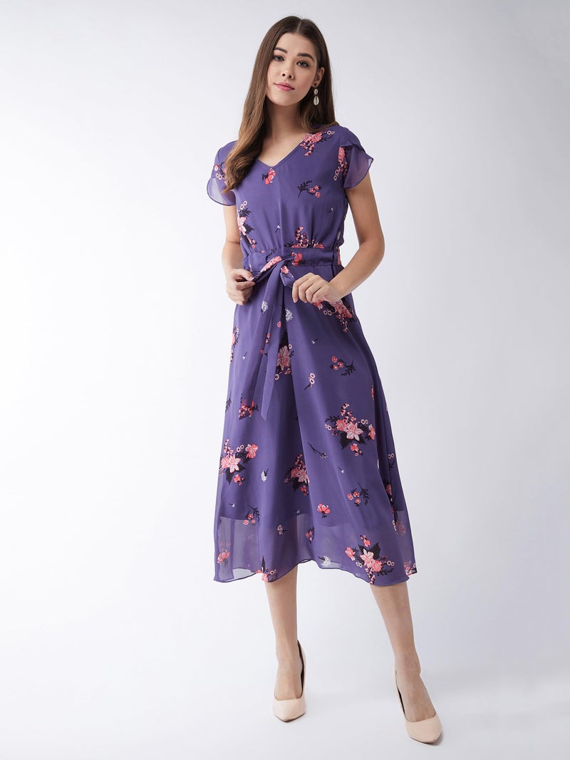 Miss Chase Women's V-Neck Short Sleeved Floral Pleated Midi Dress (MCSS25D93-25-609-05, Multicolor Base Matte Purple, L) - Image 2