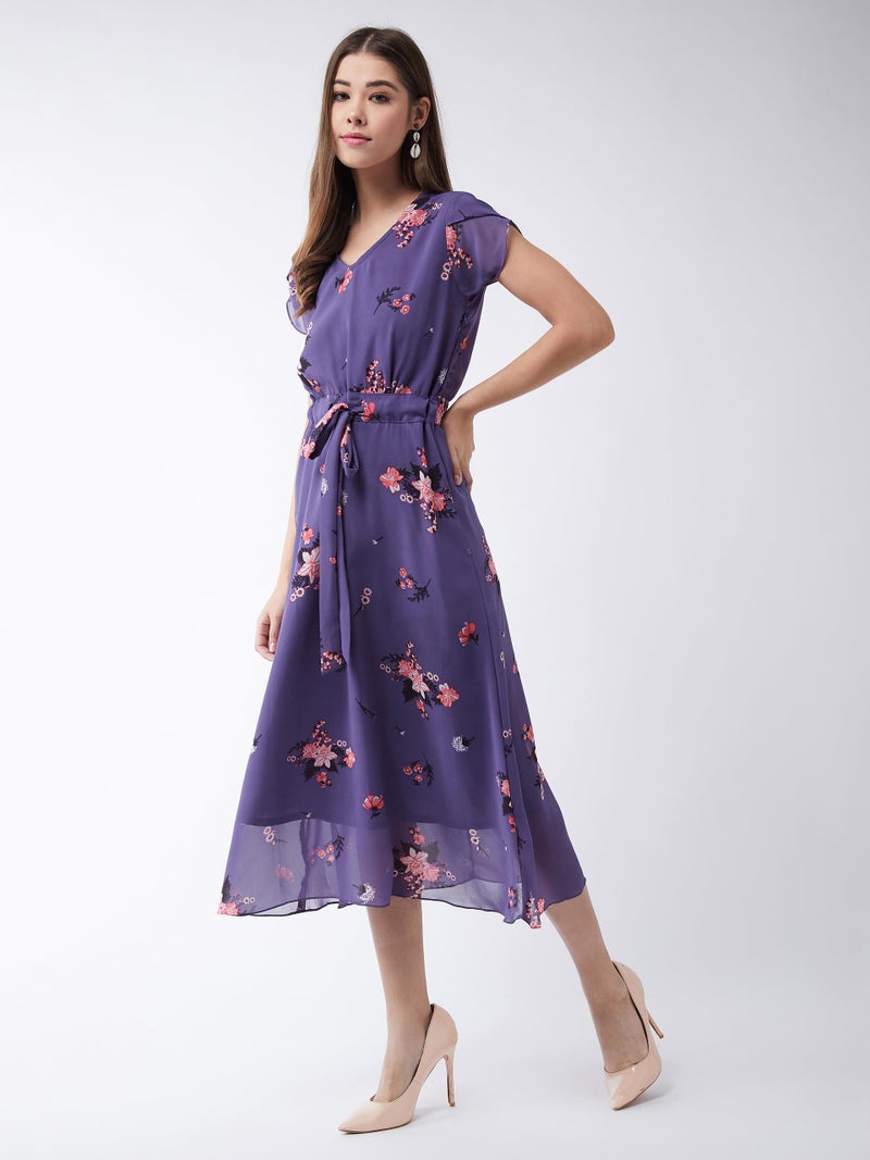 Miss Chase Women's V-Neck Short Sleeved Floral Pleated Midi Dress (MCSS25D93-25-609-05, Multicolor Base Matte Purple, L) - Image 3