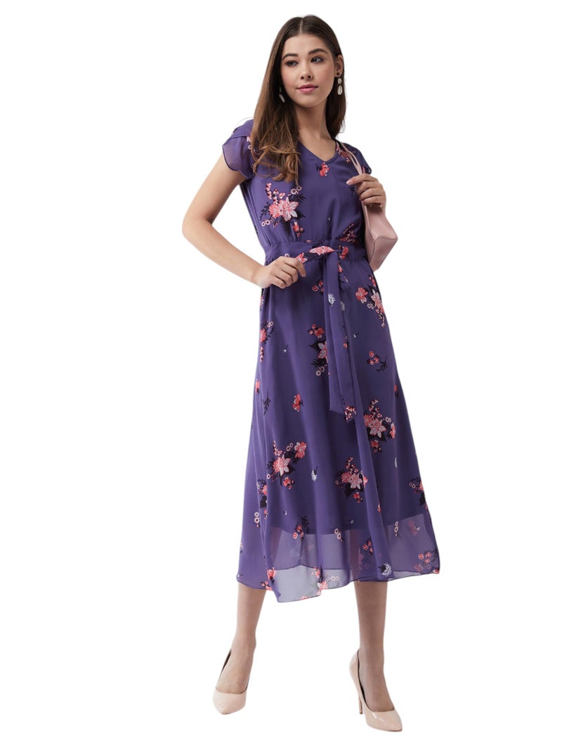 Miss Chase Women's V-Neck Short Sleeved Floral Pleated Midi Dress (MCSS25D93-25-609-05, Multicolor Base Matte Purple, L) - Image 1
