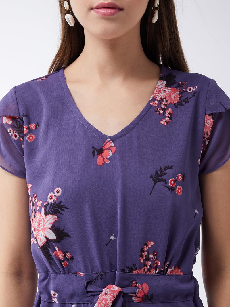 Miss Chase Women's V-Neck Short Sleeved Floral Pleated Midi Dress (MCSS25D93-25-609-05, Multicolor Base Matte Purple, L) - Image 5