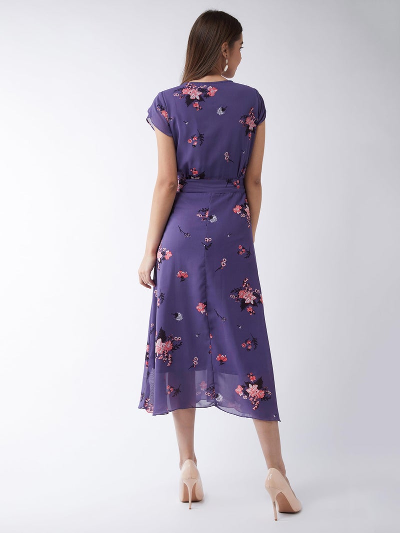 Miss Chase Women's V-Neck Short Sleeved Floral Pleated Midi Dress (MCSS25D93-25-609-05, Multicolor Base Matte Purple, L) - Image 4