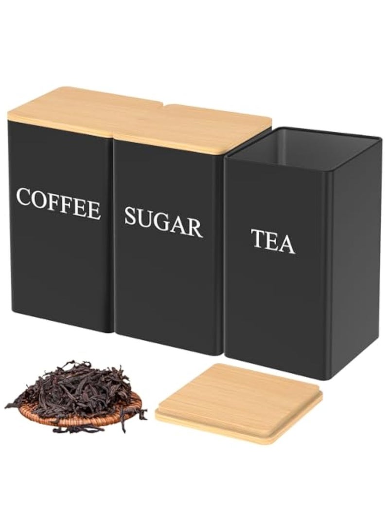 Arabest 3 Pcs Coffee Tea Sugar Container Set, 1000 ml Vintage Kitchen Canister Set with Bamboo Lids, Metal Food Storage Container Jars for Kitchen Counter, Farmhouse Decor (Black)  - Image 1