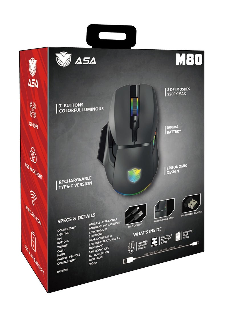 ASA - Wireless Gaming Mouse with High Performance, 7 Buttons, 3 DPI Modes, Rechargeable, Luminescence RGB Color - Image 1