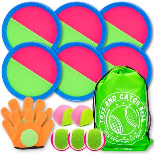 Tulyra Toss and Catch Ball Set Outdoor Games BeachBackyardLawn Games Paddle Ball and Catch Game Gifts for KidsAdultsFamily 6 Paddles 4 BallsCatching GlovesCarrying Bag - Image 1