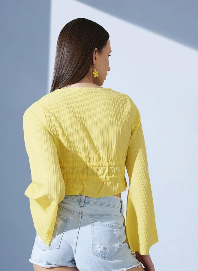 STREET 9 Yellow Striped Bell Sleeves Cinched Waist Crop Top for Women