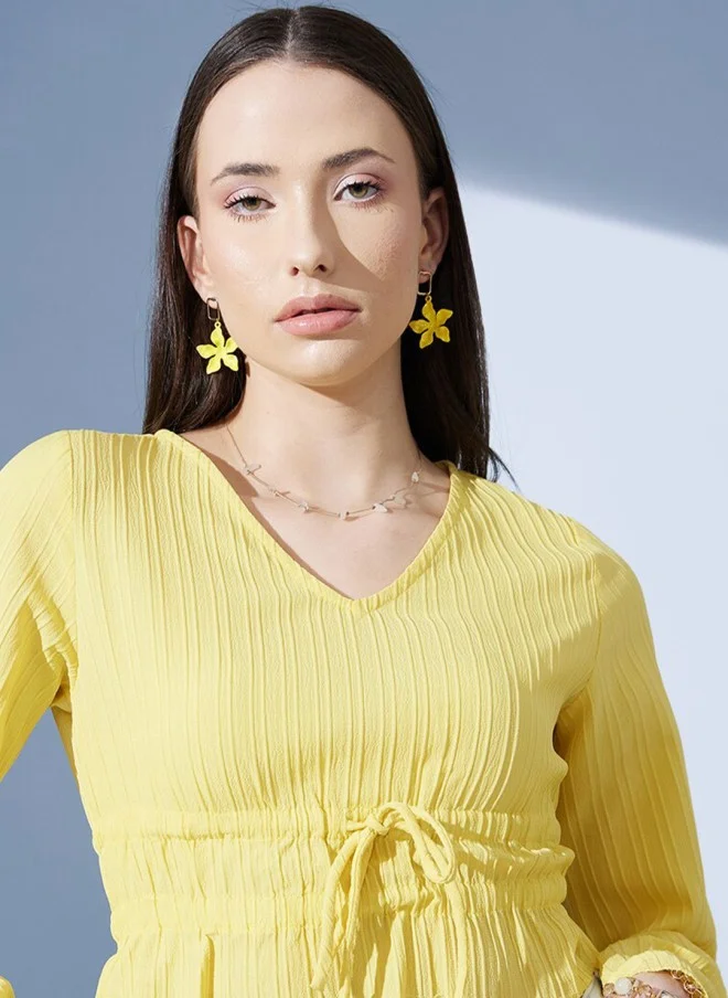 STREET 9 Yellow Striped Bell Sleeves Cinched Waist Crop Top for Women