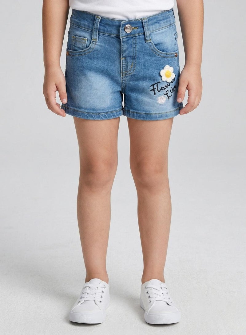 babyqlo Girls Flower Patch Adjustable Waist Denim Shorts - Image 1