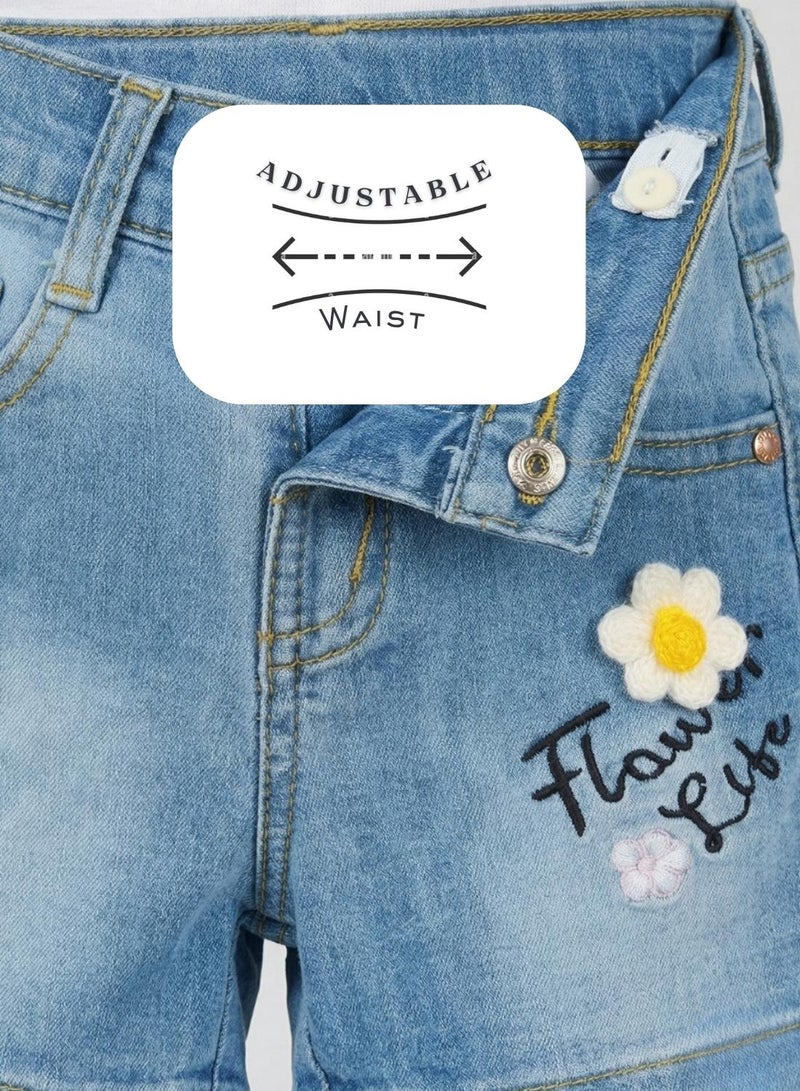 babyqlo Girls Flower Patch Adjustable Waist Denim Shorts - Image 4