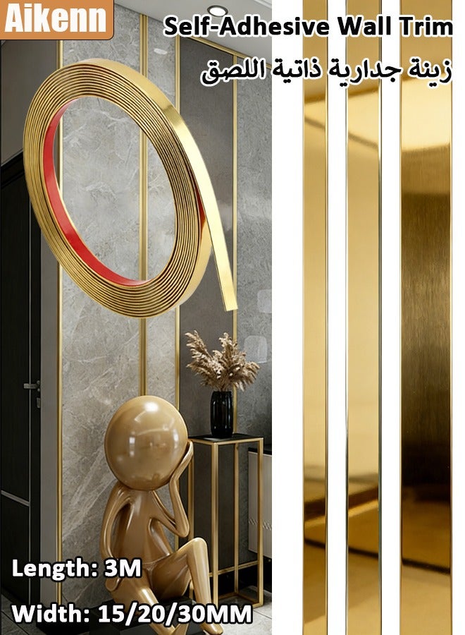 Aikenn Self-Adhesive Wall Trim, 15/20/30MM*3M Wall Decorative Strips Peel And Stick Mirror Decorative Strips Decorative Strips Mirror Metallized Mirror Finish Suitable For Wall Mirror Frame Border Decorative Strips Gold - Image 1