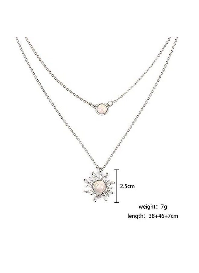 COLORFUL BLING Double Chains Moon And Sun Layered Choker Necklace Sunflower Opal Pendant Necklace Gift For Women-B Double Silver Sun  - Image 4