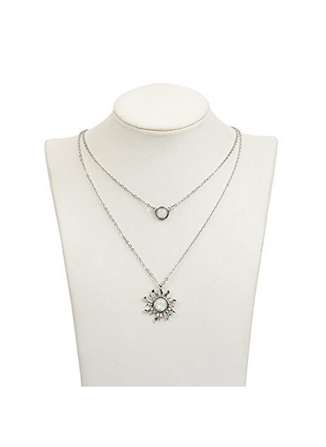 COLORFUL BLING Double Chains Moon And Sun Layered Choker Necklace Sunflower Opal Pendant Necklace Gift For Women-B Double Silver Sun  - Image 3
