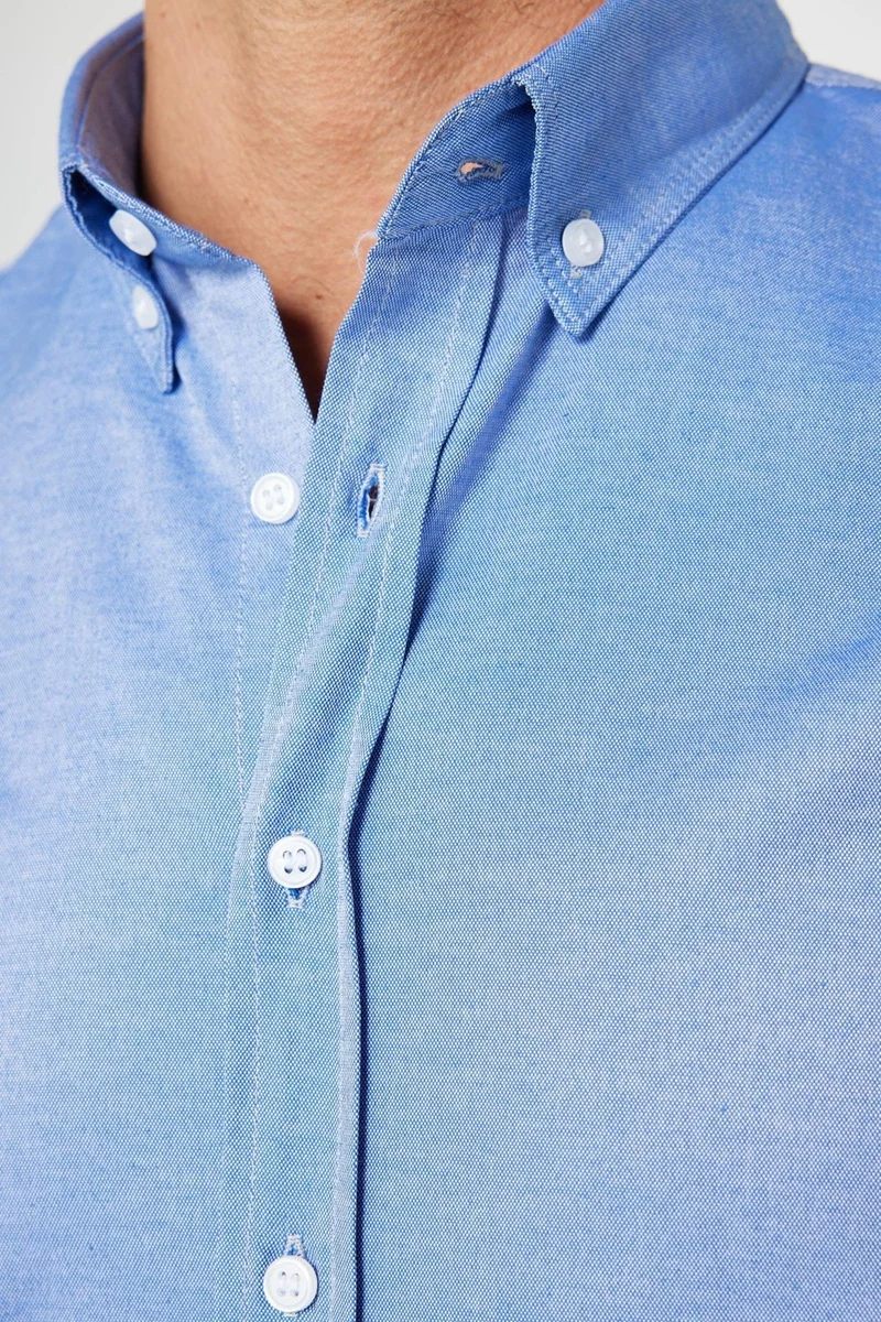 Tudors Slim Fit Long Sleeve Slim Fit Button Collar Cotton Plain Oxford Blue Men's Shirt
