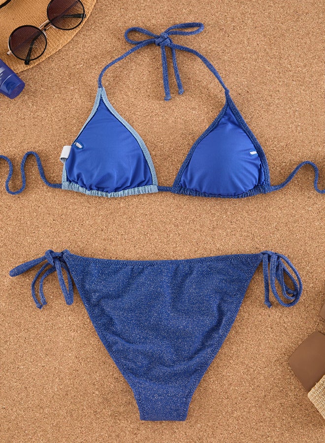 Blue Triangle Color Block Glitter Regular Bikini Set