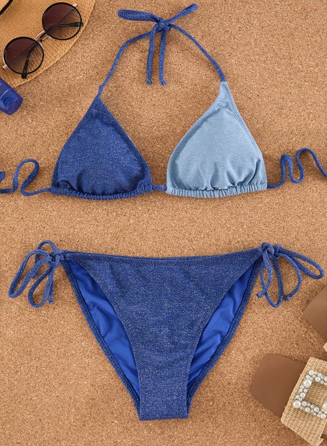 Blue Triangle Color Block Glitter Regular Bikini Set