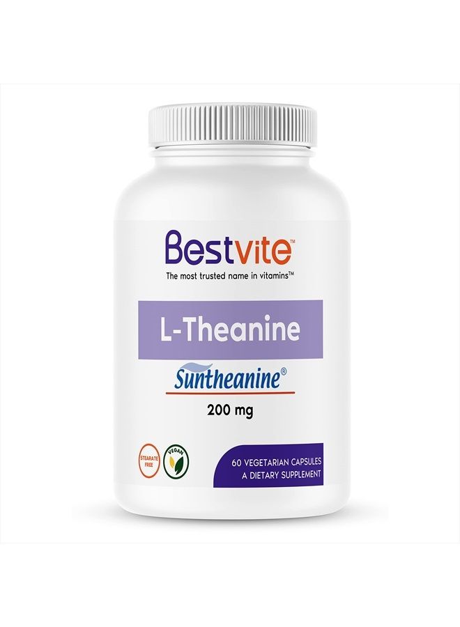 BESTVITE L-Theanine 200mg with Patented and Clinically Studied Suntheanine (60 Vegetarian Capsules) - No Stearates - Vegan - Non GMO - Gluten Free - Image 1