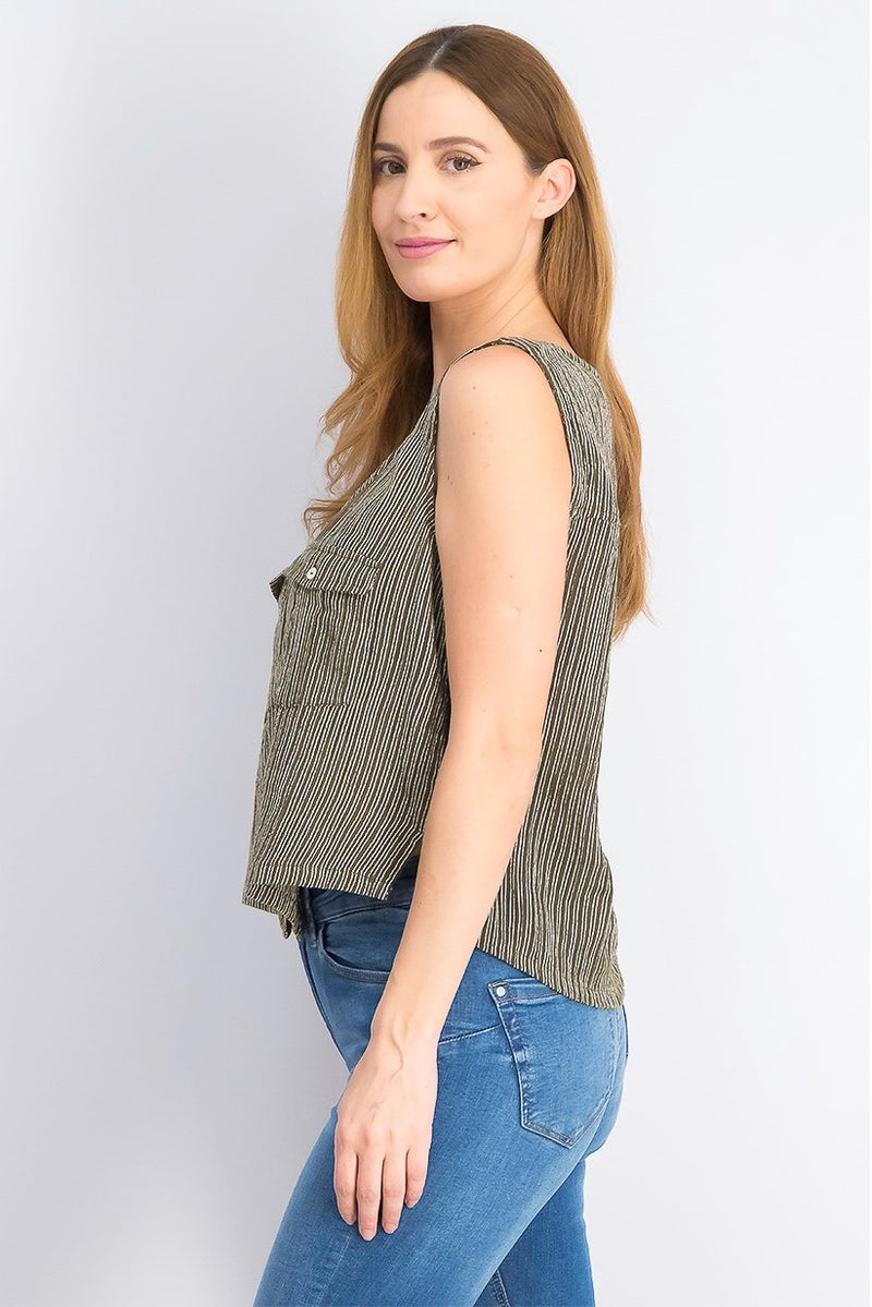 MANGO Women Scoop Neckline Sleeveless Natural Striped Cotton Blend Top, Olive - Image 2