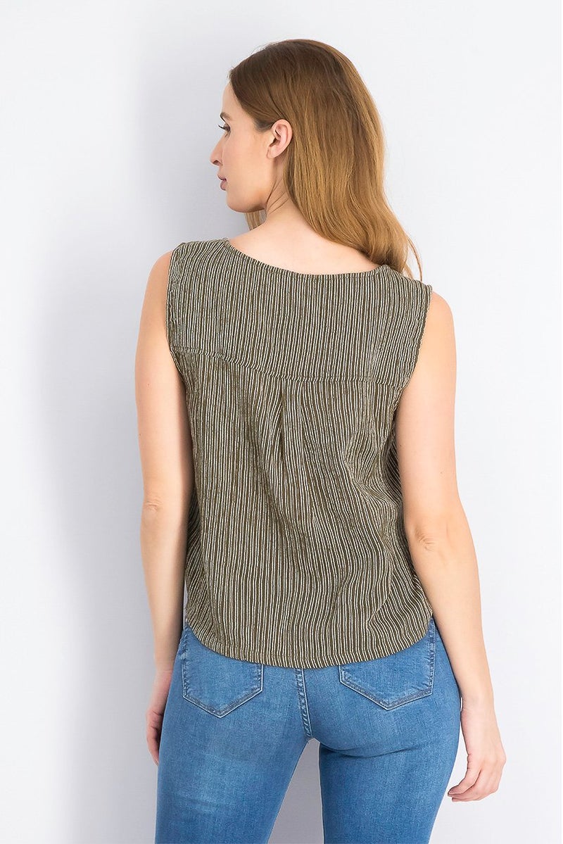 MANGO Women Scoop Neckline Sleeveless Natural Striped Cotton Blend Top, Olive - Image 4