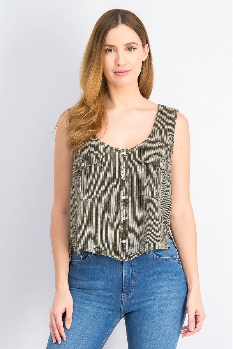 MANGO Women Scoop Neckline Sleeveless Natural Striped Cotton Blend Top, Olive - Image 1