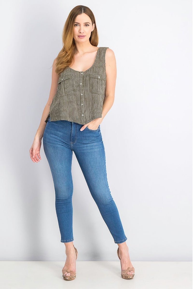 MANGO Women Scoop Neckline Sleeveless Natural Striped Cotton Blend Top, Olive - Image 3