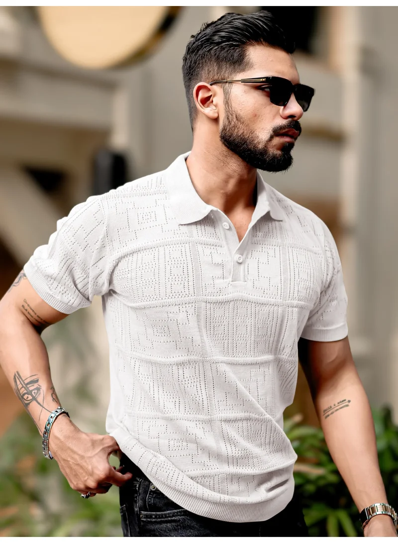 مانياك Maniac Mens Half Sleeve White PointNet Flat Knit Cotton Polo T-Shirt