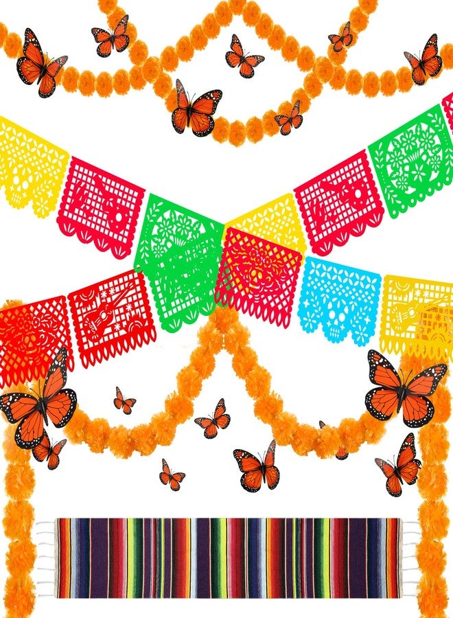 Hotop 24 Pcs Day of The Dead Decorations 2 Pcs Artificial Marigold Flowers Garland 9 Pcs Mexican Party Banner and 12 Pcs Monarch Butterfly Mexican Table Cover for Dia De Los Muertos - Image 1