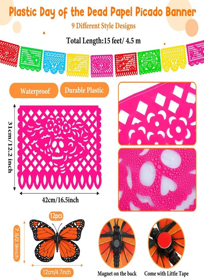 Hotop 24 Pcs Day of The Dead Decorations 2 Pcs Artificial Marigold Flowers Garland 9 Pcs Mexican Party Banner and 12 Pcs Monarch Butterfly Mexican Table Cover for Dia De Los Muertos - Image 3