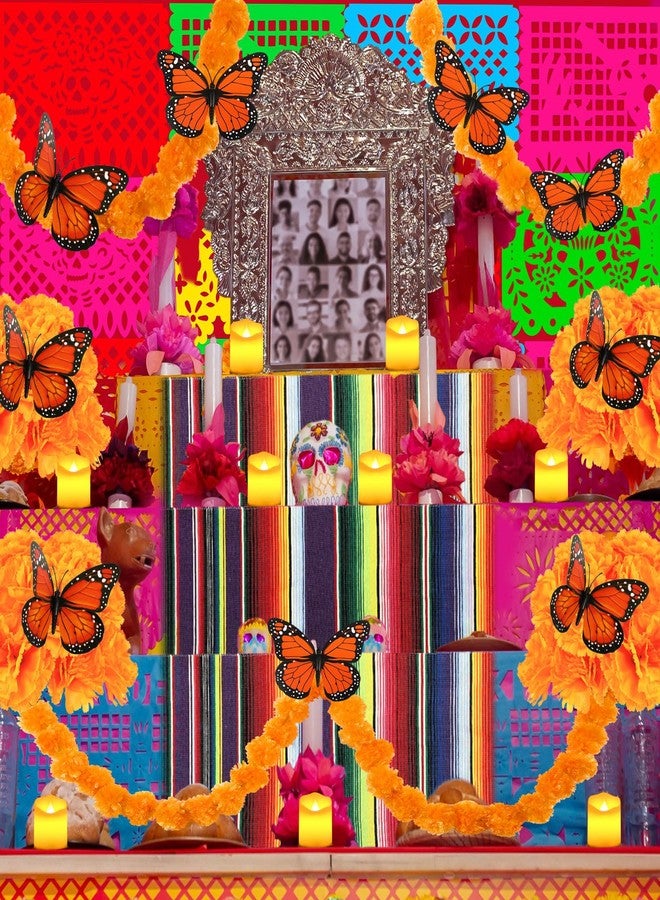 Hotop 24 Pcs Day of The Dead Decorations 2 Pcs Artificial Marigold Flowers Garland 9 Pcs Mexican Party Banner and 12 Pcs Monarch Butterfly Mexican Table Cover for Dia De Los Muertos - Image 2