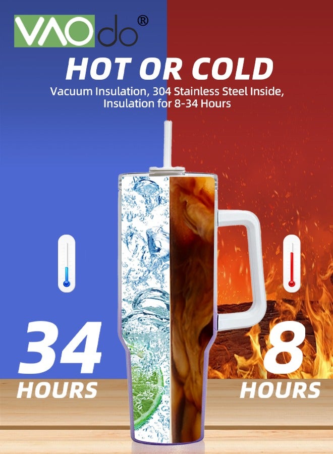 فاو دو كوب بسعة 40 أونصة مع مقبض وغطاء من القش، زجاجة مياه من الفولاذ المقاوم للصدأ قابلة لإعادة الاستخدام، كوب للسفر، حامل أكواب، كوب معزول، هدايا العطلات للنساء والرجال، لون أبيض 1100 مل - Image 3