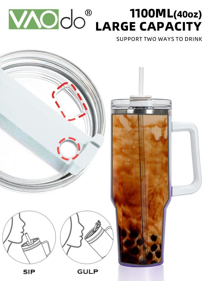 فاو دو كوب بسعة 40 أونصة مع مقبض وغطاء من القش، زجاجة مياه من الفولاذ المقاوم للصدأ قابلة لإعادة الاستخدام، كوب للسفر، حامل أكواب، كوب معزول، هدايا العطلات للنساء والرجال، لون أبيض 1100 مل - Image 4