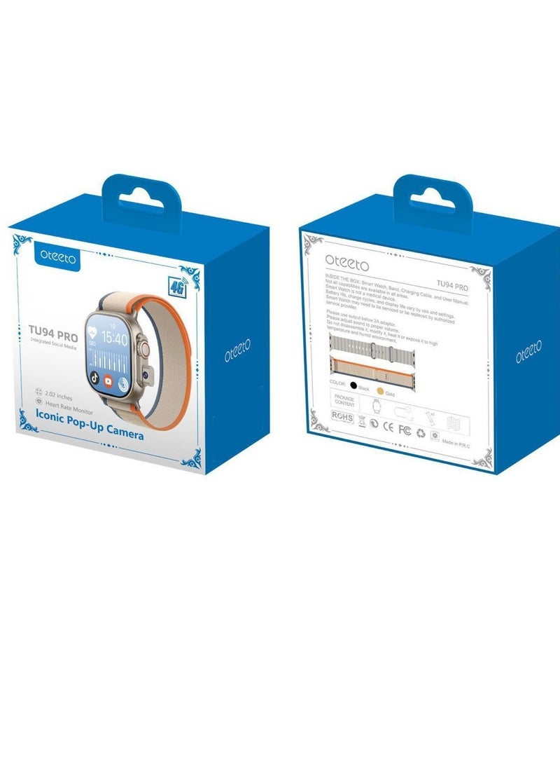 TU94 Pro Smart Watch 4G SIM Iconic Pop-up Camera 2.02in Display Screen and 16GB Storage 2GB RAM with 2 Pair Strap Multicolour