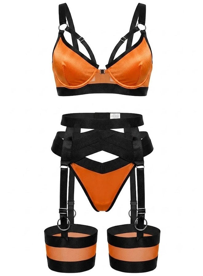 MARGOUN Women's 4-Piece Strappy Lingerie Set with Garter Belt, Underwire Strappy Bra, Cutout High-Waisted Cincher, Thong, and Thigh-High Stockings Exotic Underwear Ensemble - Orange Black - Image 3
