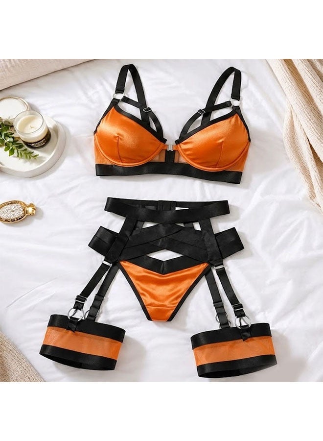 MARGOUN Women's 4-Piece Strappy Lingerie Set with Garter Belt, Underwire Strappy Bra, Cutout High-Waisted Cincher, Thong, and Thigh-High Stockings Exotic Underwear Ensemble - Orange Black - Image 4