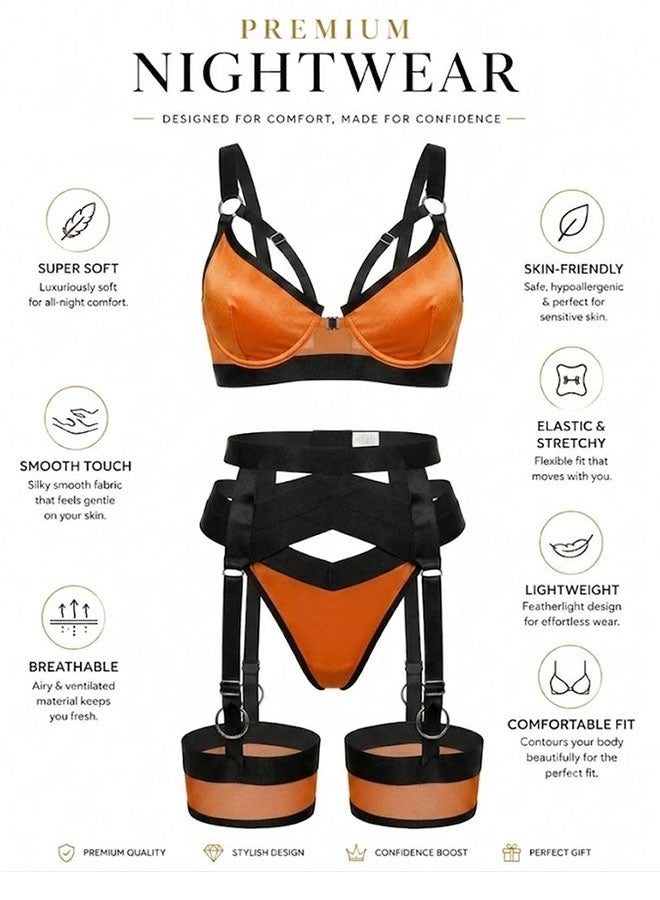 MARGOUN Women's 4-Piece Strappy Lingerie Set with Garter Belt, Underwire Strappy Bra, Cutout High-Waisted Cincher, Thong, and Thigh-High Stockings Exotic Underwear Ensemble - Orange Black - Image 2