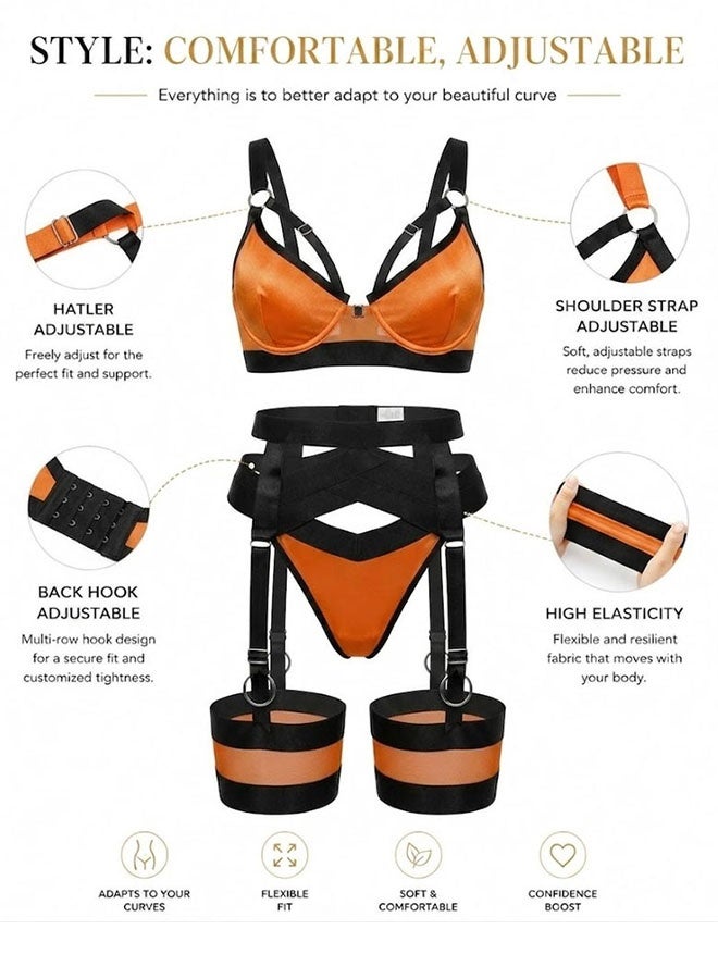 MARGOUN Women's 4-Piece Strappy Lingerie Set with Garter Belt, Underwire Strappy Bra, Cutout High-Waisted Cincher, Thong, and Thigh-High Stockings Exotic Underwear Ensemble - Orange Black - Image 5