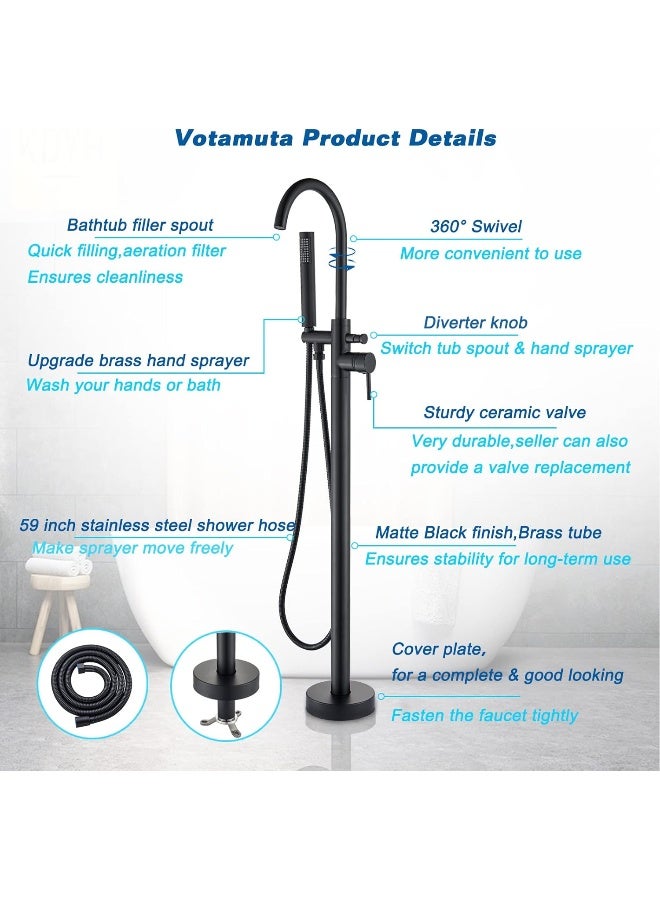 Votamuta Modern Matte Black Bathtub Shower Faucets Single Lever Tub Filler Faucet with Handheld Spray Freestanding Bathroom Tub Faucet Floor Mounted - Image 2