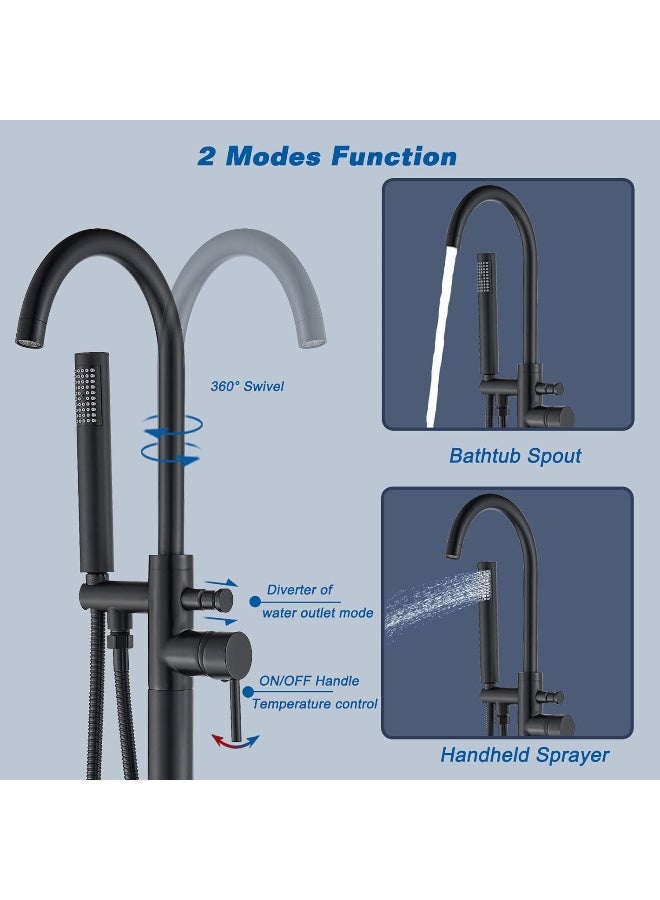 Votamuta Modern Matte Black Bathtub Shower Faucets Single Lever Tub Filler Faucet with Handheld Spray Freestanding Bathroom Tub Faucet Floor Mounted - Image 3
