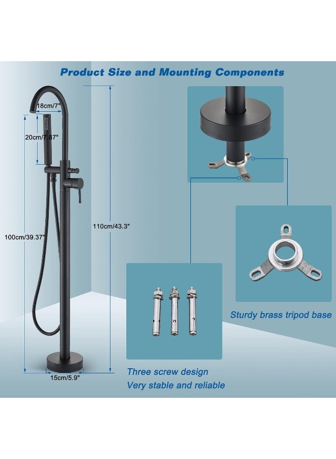 Votamuta Modern Matte Black Bathtub Shower Faucets Single Lever Tub Filler Faucet with Handheld Spray Freestanding Bathroom Tub Faucet Floor Mounted - Image 5