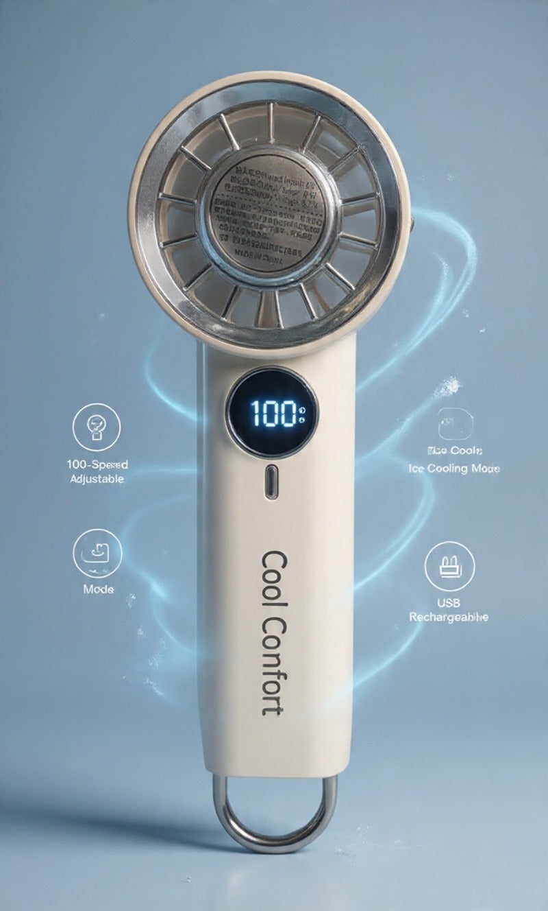 Cool Comfort Handheld Turbo Fan, 100-Speed Adjustable High-Speed Mini Portable Fan with Digital Display, USB Rechargeable Personal Cooling Fan and Ice Cooling Mode for Personal Travel, Makeup, and Commuting - Image 1