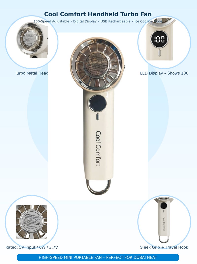 Cool Comfort Handheld Turbo Fan, 100-Speed Adjustable High-Speed Mini Portable Fan with Digital Display, USB Rechargeable Personal Cooling Fan and Ice Cooling Mode for Personal Travel, Makeup, and Commuting - Image 2