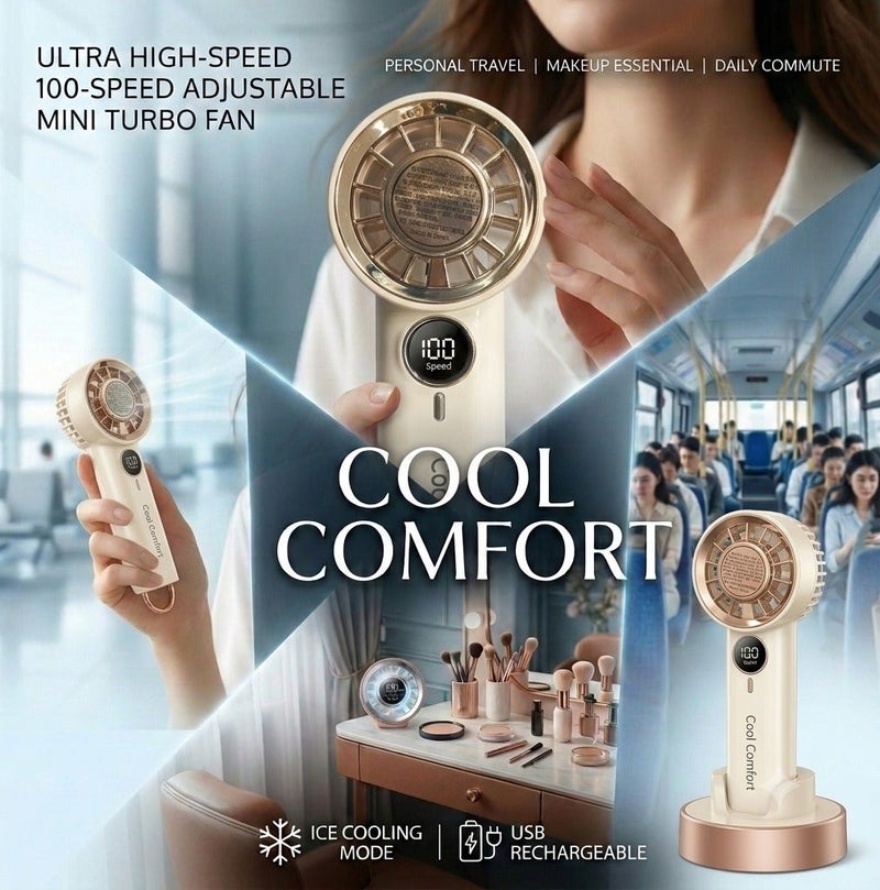 Cool Comfort Handheld Turbo Fan, 100-Speed Adjustable High-Speed Mini Portable Fan with Digital Display, USB Rechargeable Personal Cooling Fan and Ice Cooling Mode for Personal Travel, Makeup, and Commuting - Image 4