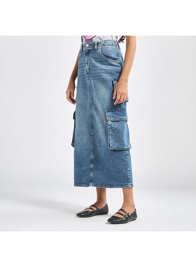 Lee Cooper Lee Cooper Solid A-line Maxi Denim Skirt with Pockets and Button Closure  - Image 1