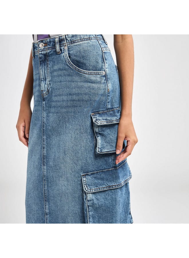 Lee Cooper Lee Cooper Solid A-line Maxi Denim Skirt with Pockets and Button Closure  - Image 3