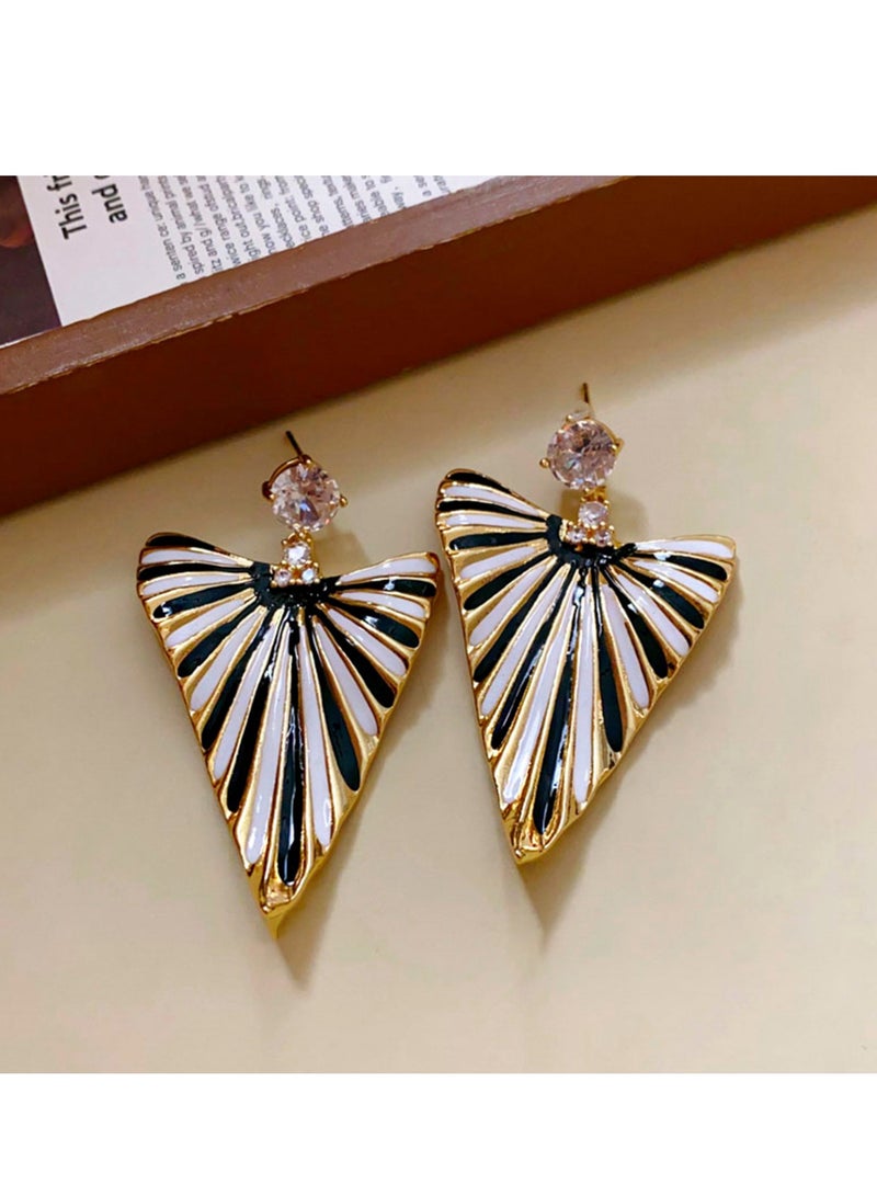Statement Geometric Fan Earrings for Women, Black White Striped Drop Earrings with Gold Trim and Rhinestone Top, Fashion Jewelry for Party or Evening Wear - Image 3