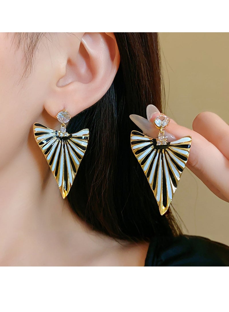 Statement Geometric Fan Earrings for Women, Black White Striped Drop Earrings with Gold Trim and Rhinestone Top, Fashion Jewelry for Party or Evening Wear - Image 2