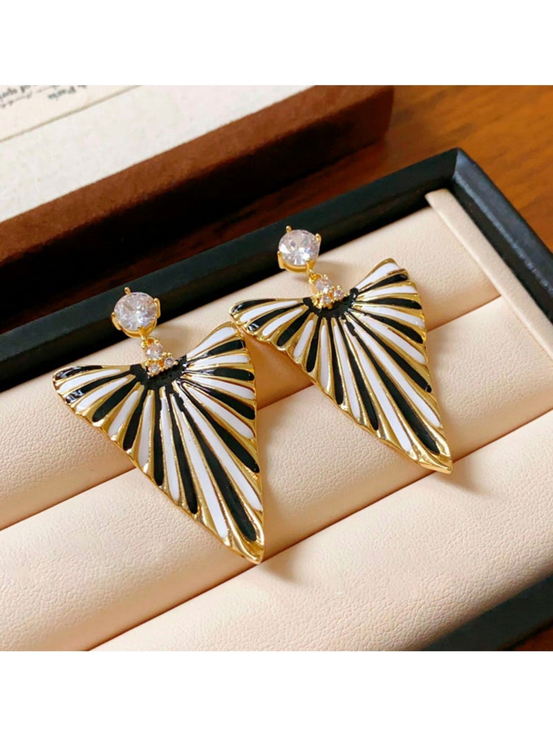 Statement Geometric Fan Earrings for Women, Black White Striped Drop Earrings with Gold Trim and Rhinestone Top, Fashion Jewelry for Party or Evening Wear - Image 4
