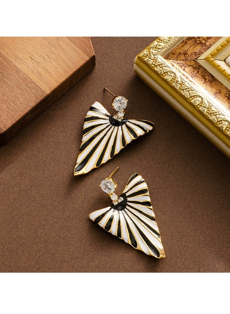 Statement Geometric Fan Earrings for Women, Black White Striped Drop Earrings with Gold Trim and Rhinestone Top, Fashion Jewelry for Party or Evening Wear - Image 5